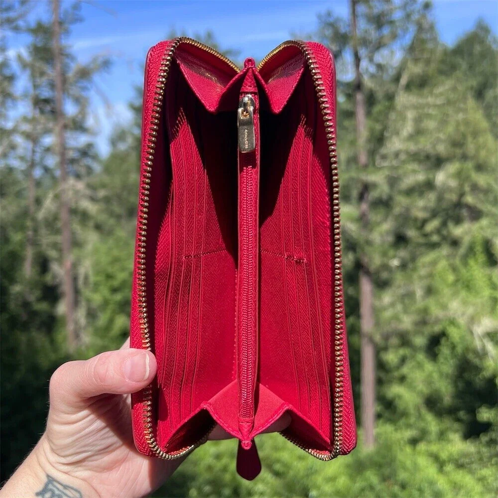 COACH Long Zip-Around Wallet Pebble Leather RED with Gold Hardware AUTHENTIC